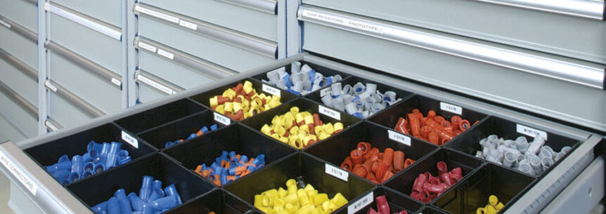 LISTA wall-mounted storage system with drawers, cabinets and workstation modules for industrial use